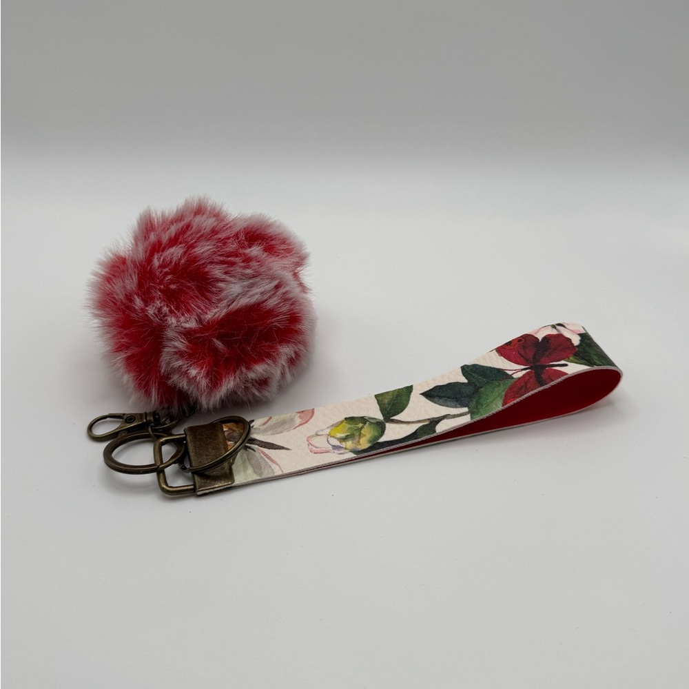 Floral Keychain Wristet with Red Pom Pom